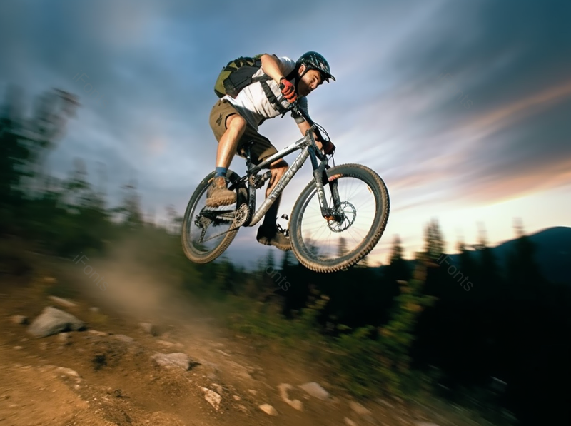 蓝色晚霞青年男子骑越野自行车低视角拍摄,高清,摄影图,摄影图片,图片大全,摄影图免费下载